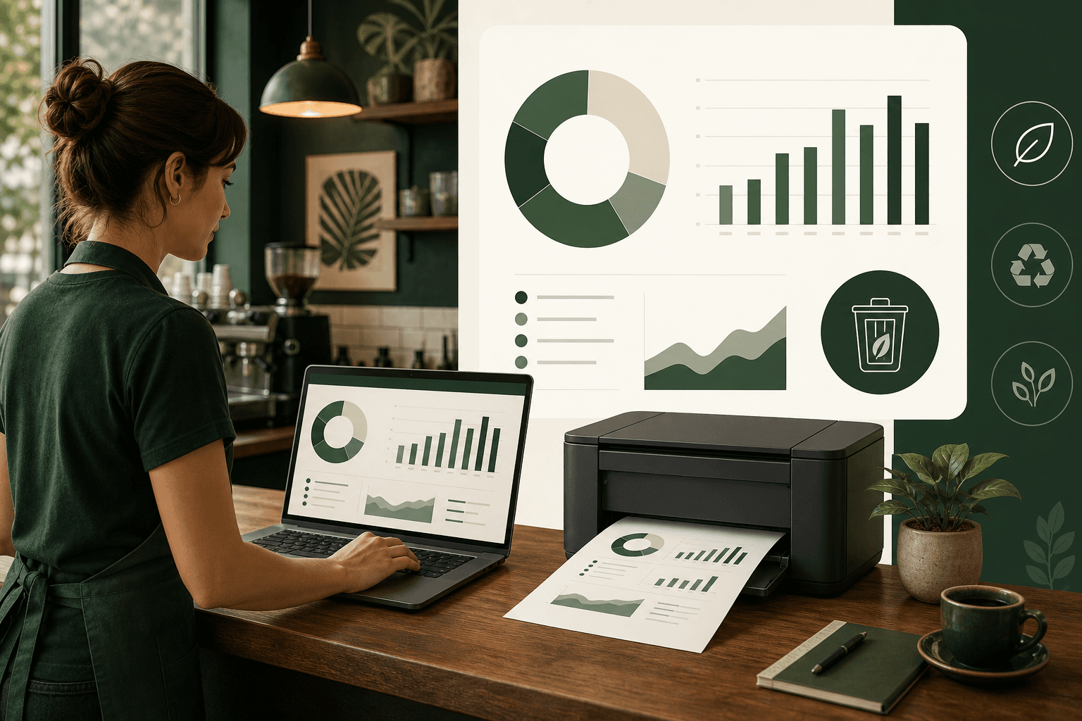 Café manager exporting a structured waste report from a digital dashboard