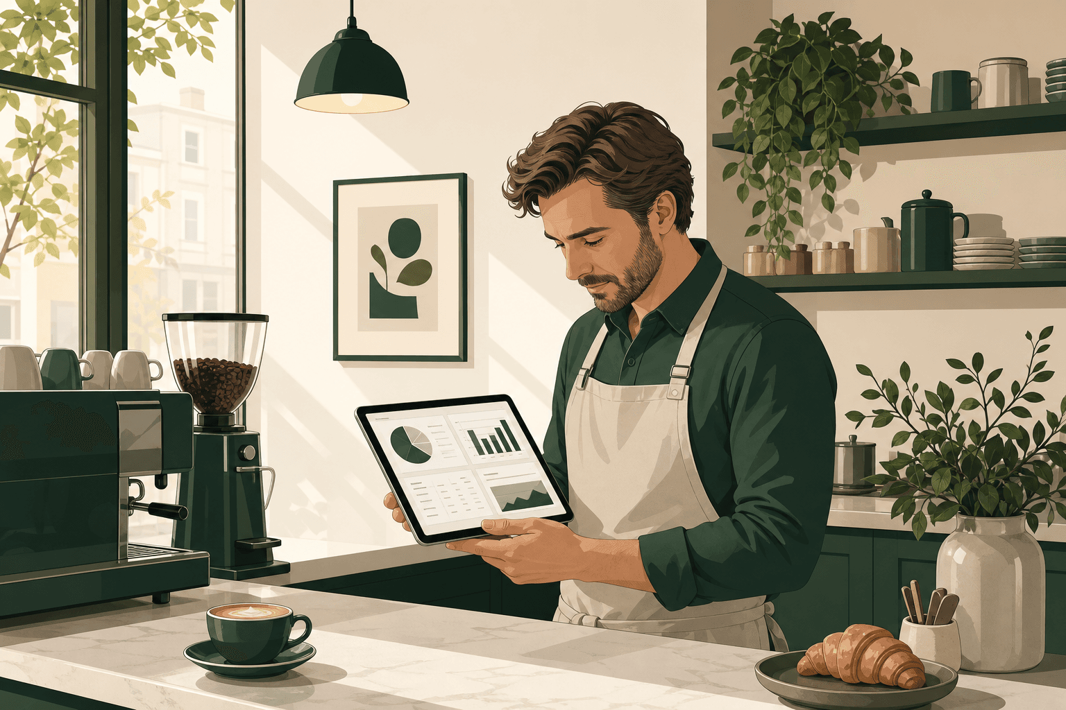 Café manager reconciling opening stock, waste entries, and closing counts on a tablet