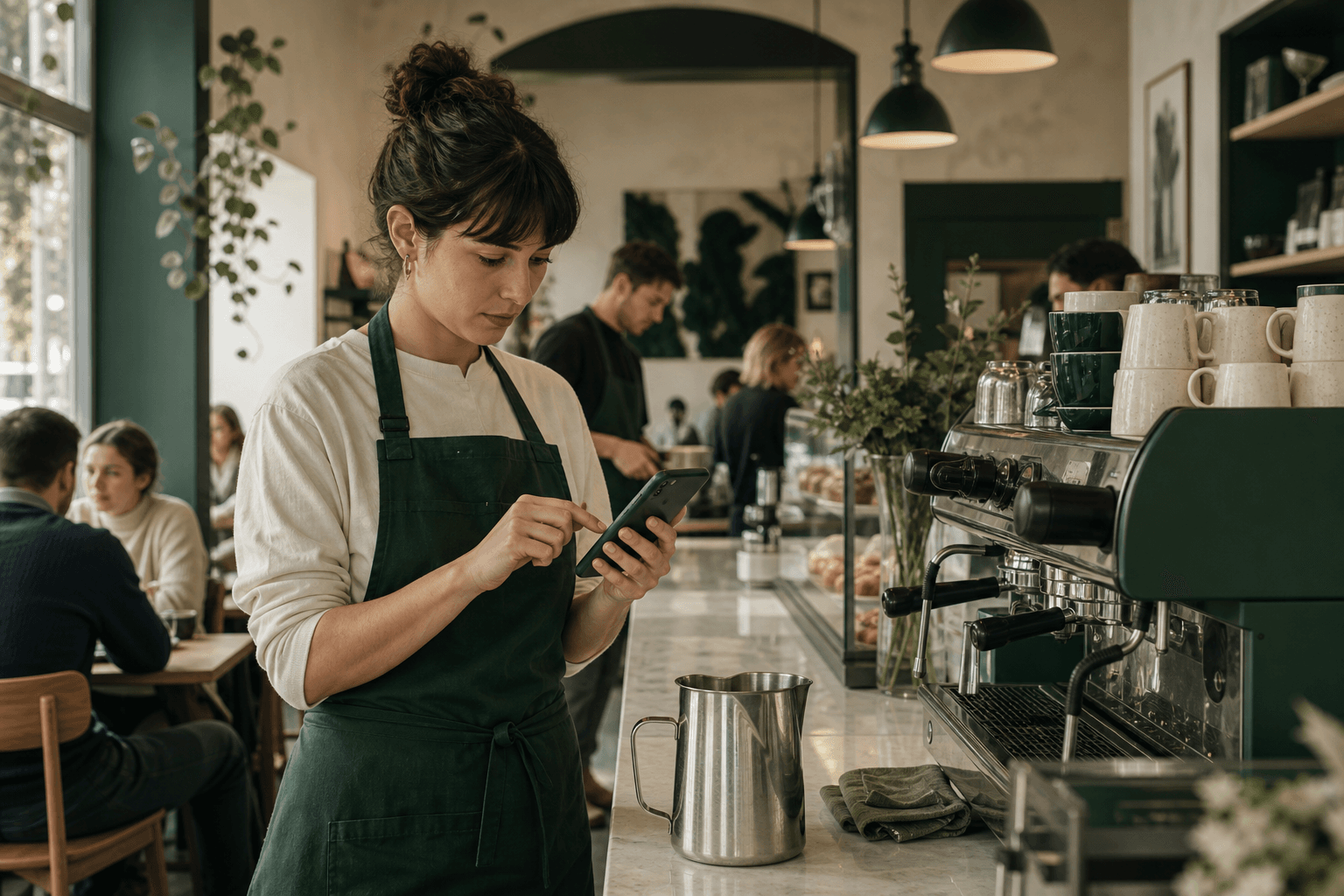 Barista logging milk waste on a phone between orders during a busy café shift
