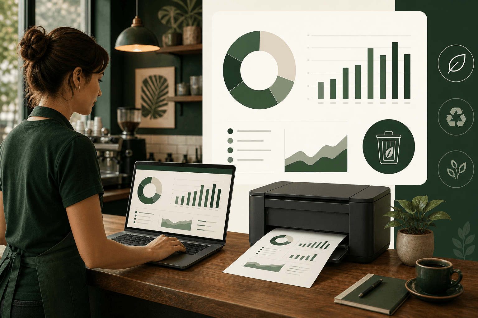 Café manager exporting a structured waste report from a digital dashboard