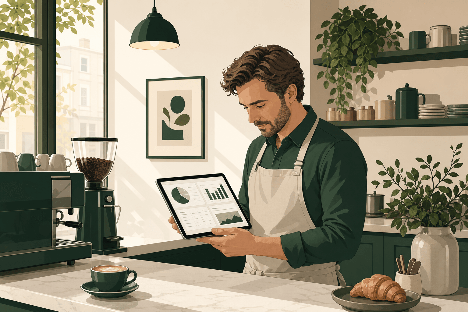 Café manager reconciling opening stock, waste entries, and closing counts on a tablet