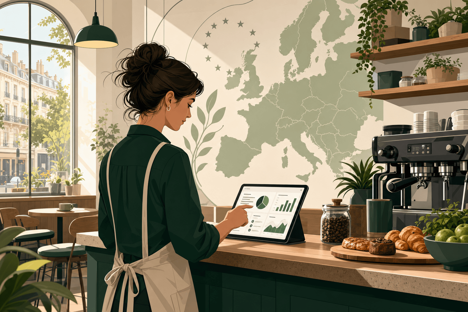 Independent café operator reviewing food waste records on a tablet