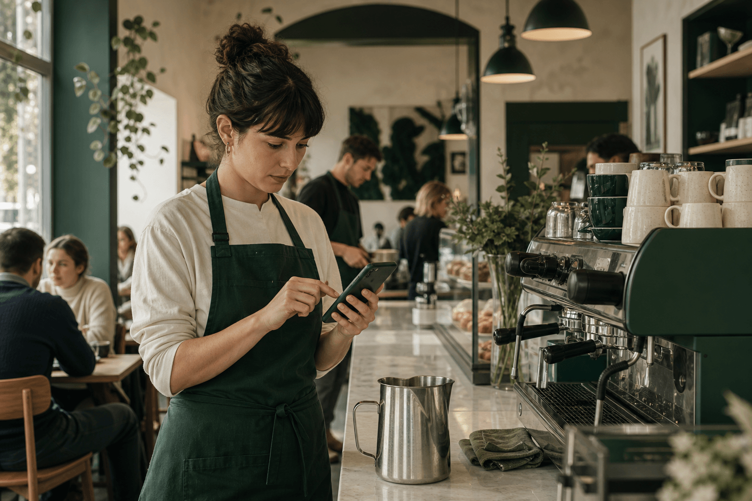 Barista logging milk waste on a phone between orders during a busy café shift