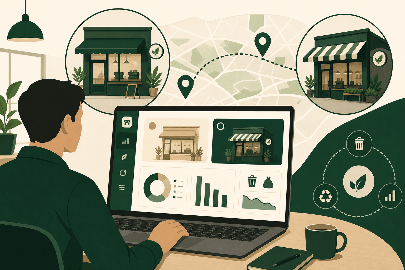 Café operator reviewing waste metrics across multiple locations on a laptop