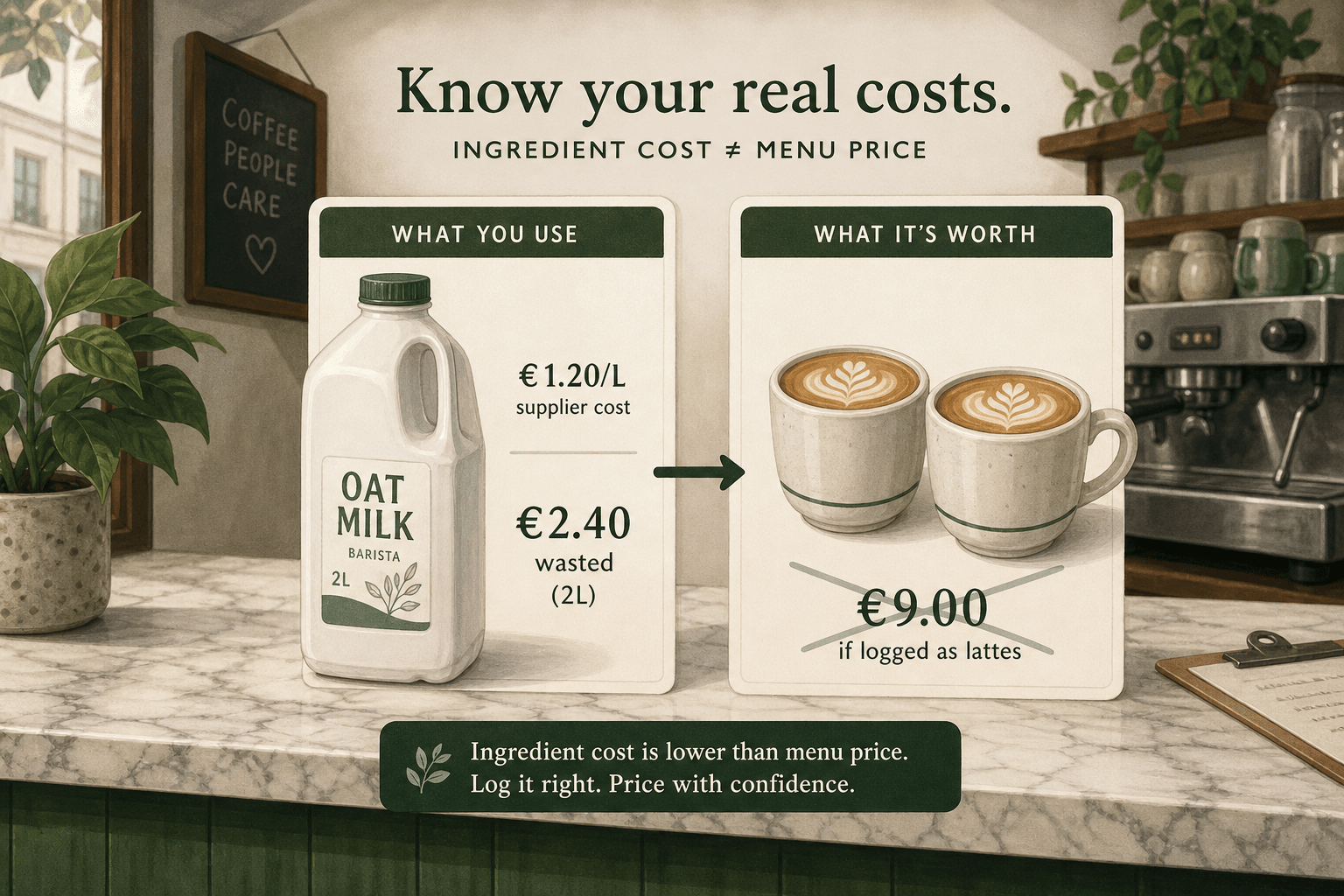 Comparing supplier ingredient cost with menu selling price when logging milk waste