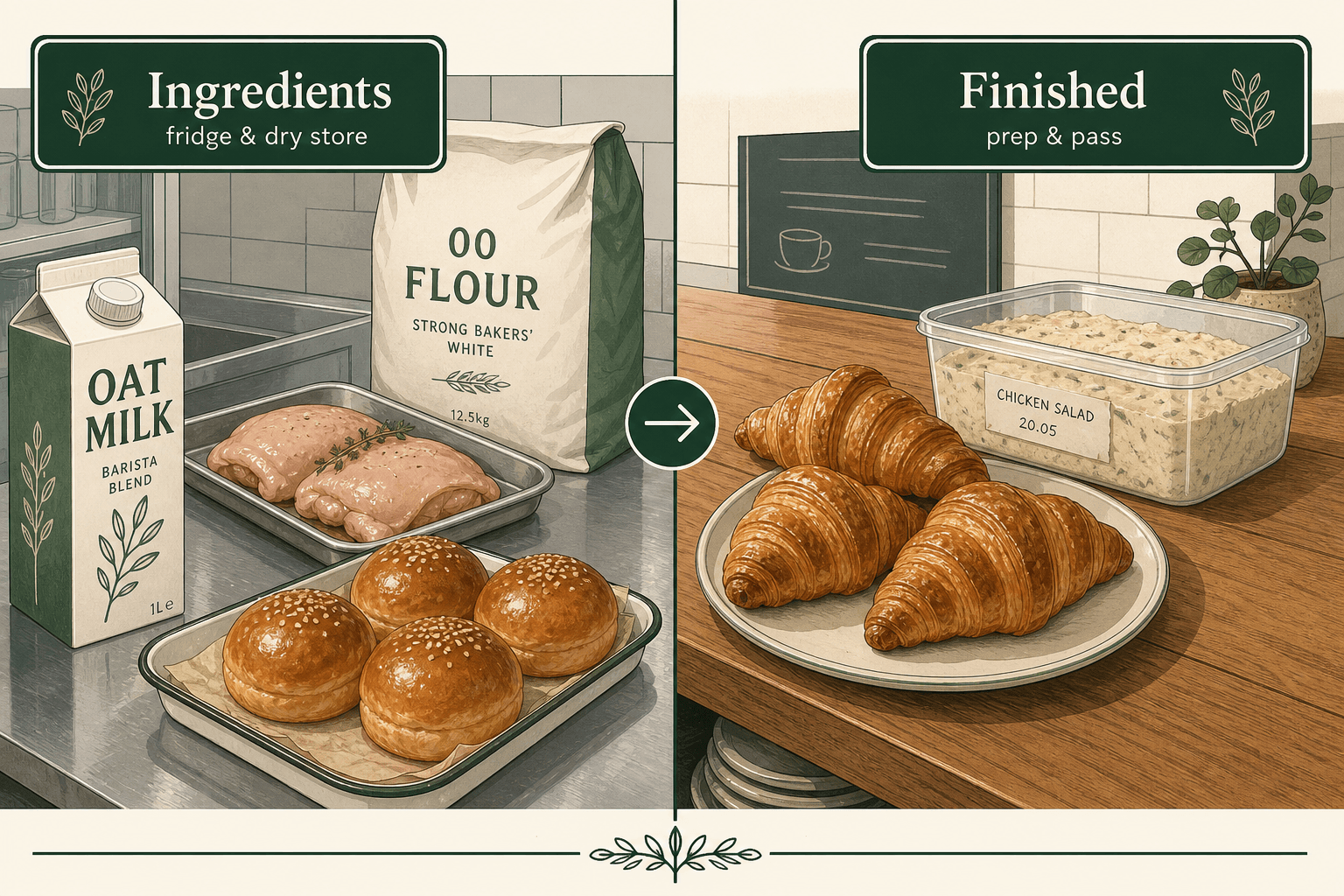 Raw ingredients in a prep fridge versus finished items on the pass — two different things to track in a café