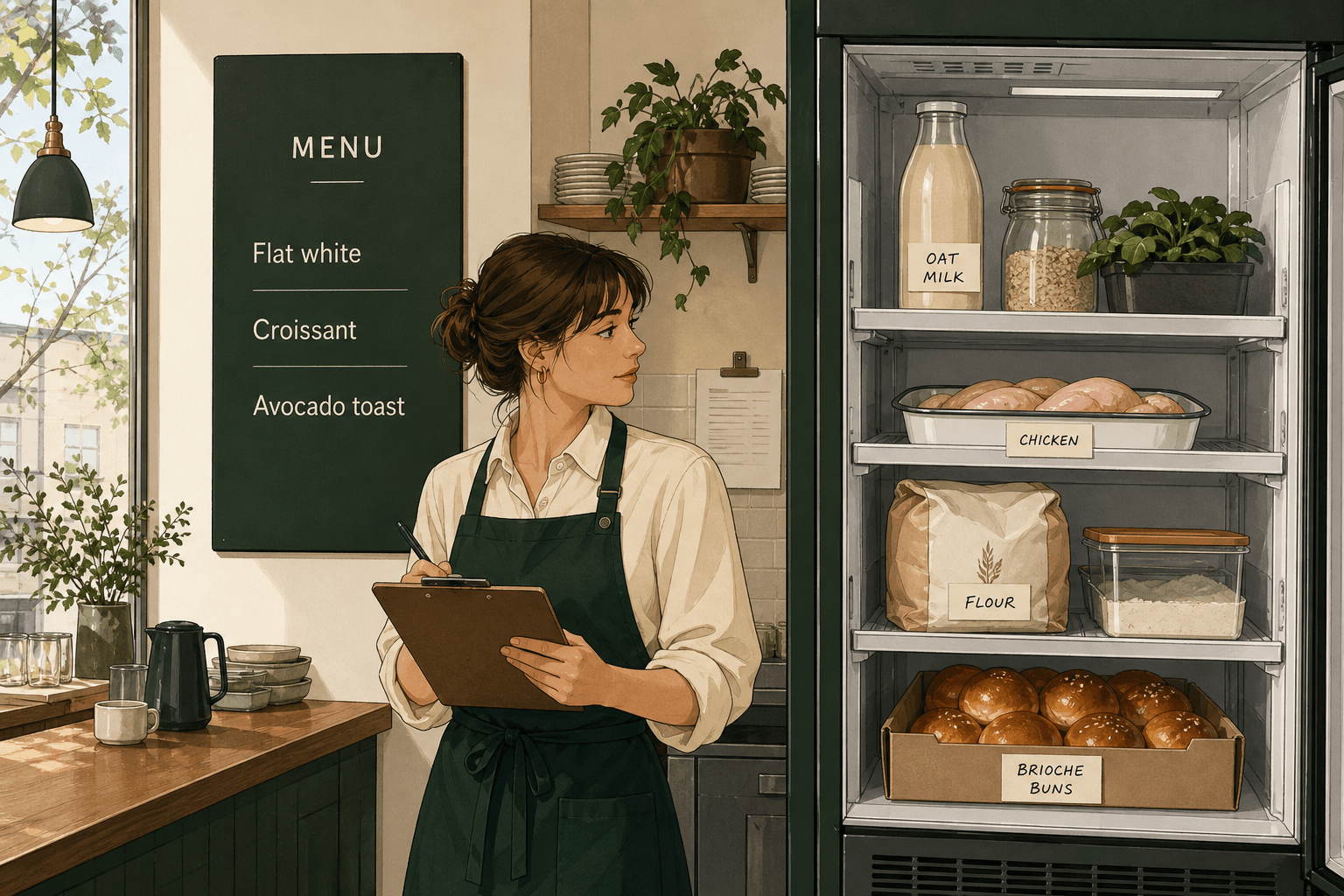 Café manager comparing the customer menu board with labelled ingredient containers in the prep fridge